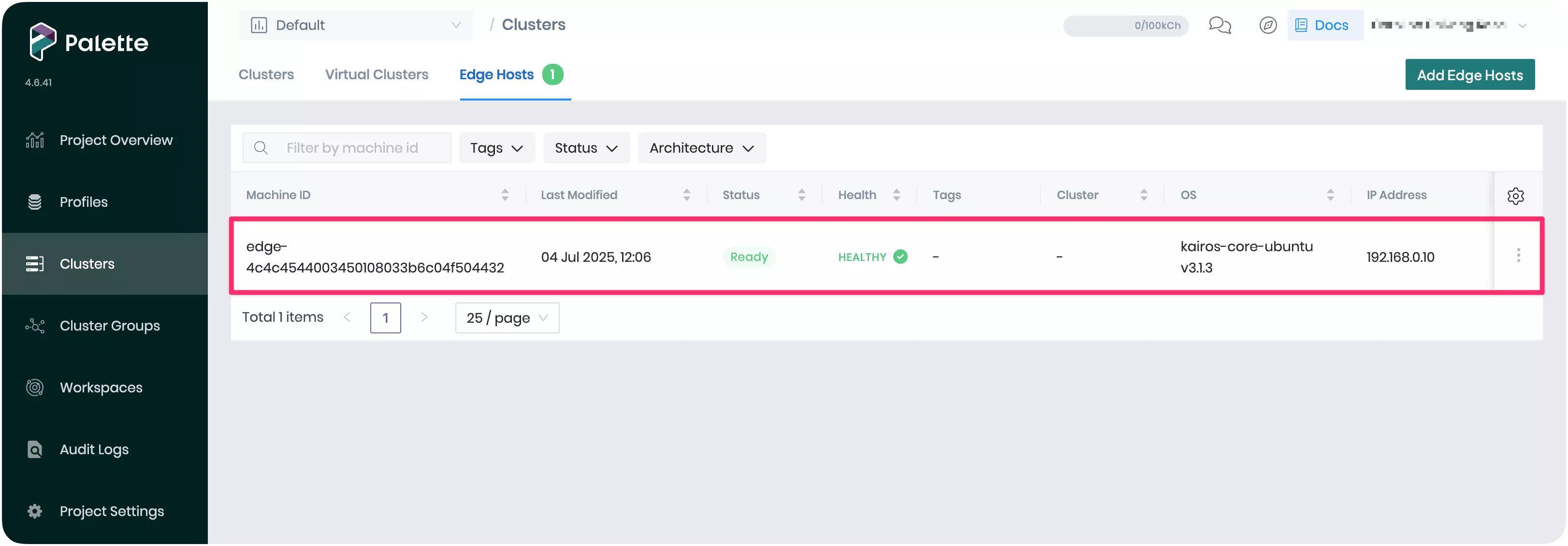 A screenshot of the Edge host in Palette.